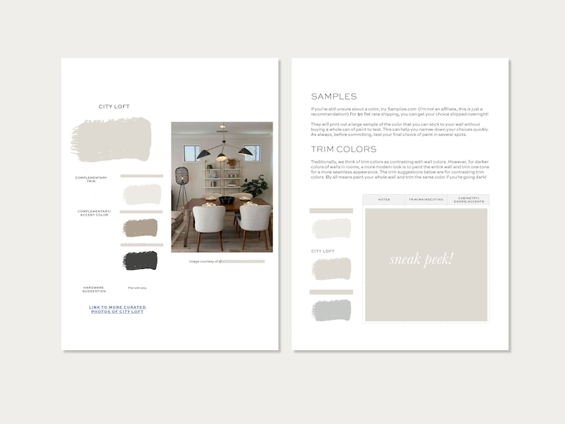 May include: A guide to choosing paint colours for a city loft. The guide includes a photo of a dining room with a white table and chairs, a white ceiling, and a light grey wall. The guide also includes a colour palette with three shades of grey and a dark grey.