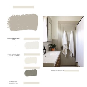 Pode incluir: Um quadro de inspira&ccedil;&atilde;o para o design de interiores de um banheiro com uma paleta de cores cinza claro, branco e verde. O quadro inclui amostras de tinta para o acabamento, a cor de destaque e o hardware, bem como uma foto de um banheiro com uma porta cinza e toalhas brancas.
