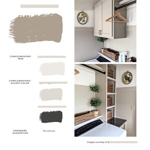 May include: A laundry room with white cabinets, a white washing machine and tumble dryer, and a shelf with wicker baskets. The walls are painted a light grey colour and the trim is a darker grey. The image also includes a paint colour palette with three different shades of grey.