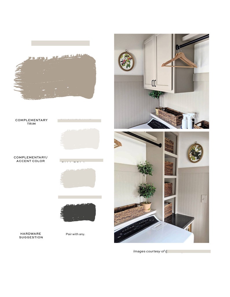 May include: A laundry room with white cabinets, a white washing machine and tumble dryer, and a shelf with wicker baskets. The walls are painted a light grey colour and the trim is a darker grey. The image also includes a paint colour palette with three different shades of grey.