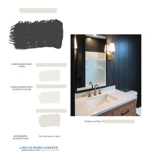 May include: A bathroom with dark gray walls and white trim. The bathroom features a white countertop with a white sink and gold faucets. The bathroom also has a mirror with a gold light fixture.