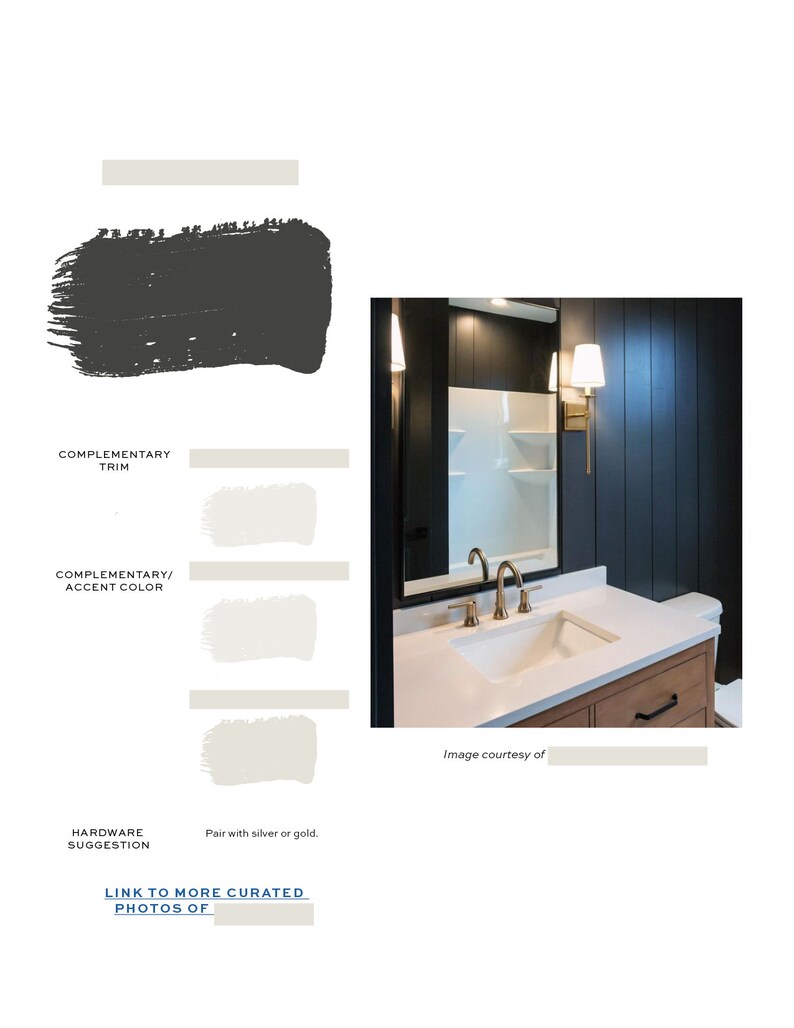 May include: A bathroom with dark gray walls and white trim. The bathroom features a white countertop with a white sink and gold faucets. The bathroom also has a mirror with a gold light fixture.