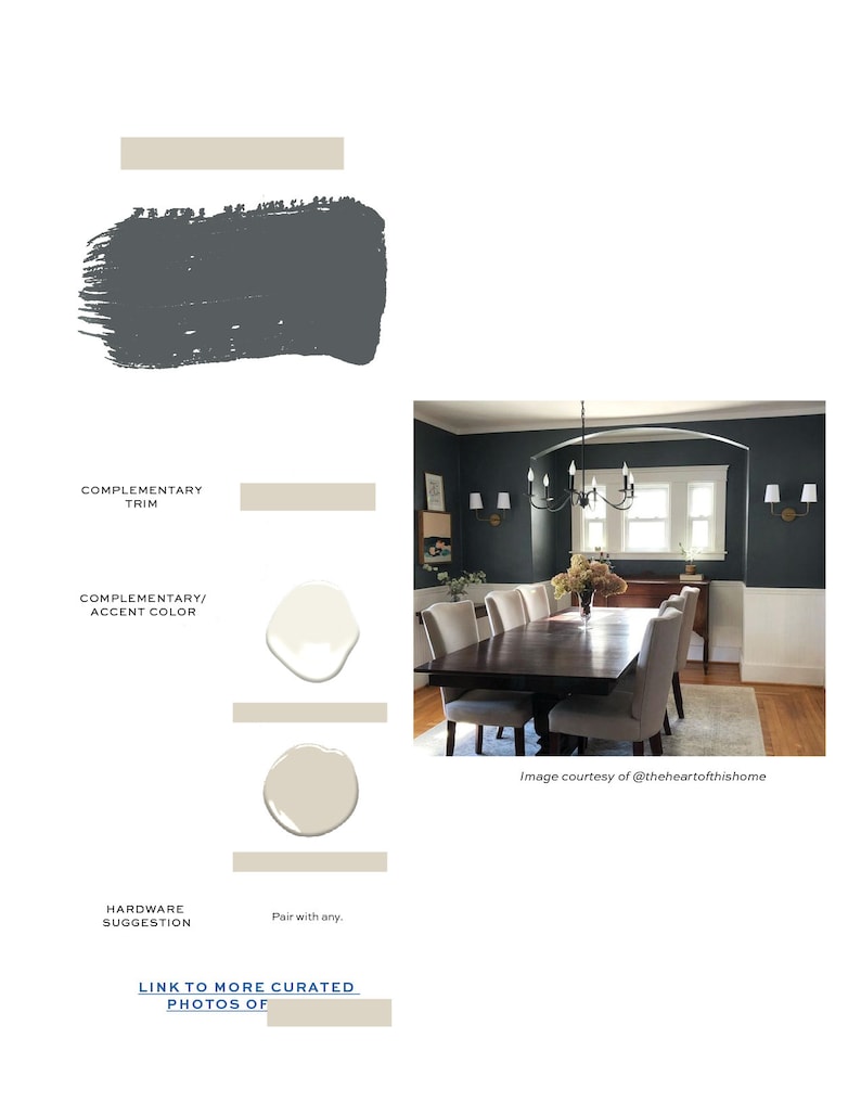 Puede incluir: Un comedor con paredes de color gris oscuro, molduras blancas y una mesa de madera con sillas. La habitaci&oacute;n tiene una l&aacute;mpara de ara&ntilde;a y una ventana grande. Imagen cortes&iacute;a de @theheartofthishome