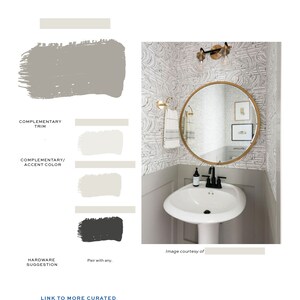 May include: A small bathroom with a white pedestal sink and a round gold mirror. The walls are covered in a white and gray patterned wallpaper. The bathroom has a gray trim and black hardware.