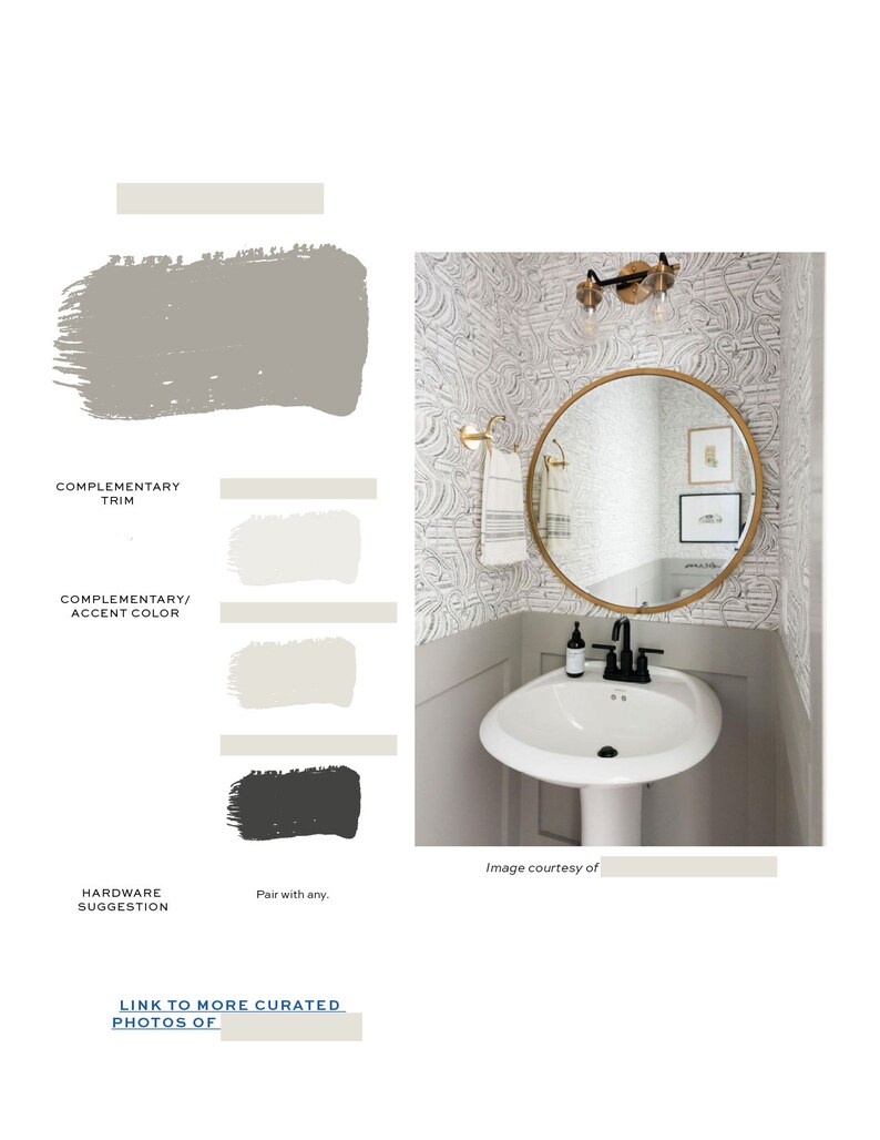 May include: A small bathroom with a white pedestal sink and a round gold mirror. The walls are covered in a white and gray patterned wallpaper. The bathroom has a gray trim and black hardware.