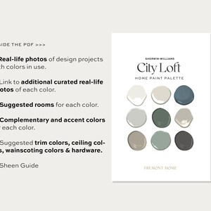 May include: A paint colour palette called "City Loft" by Sherwin-Williams. The palette features nine paint chips in shades of grey, green, and blue. The text "FREMONT HOME" is at the bottom of the card.