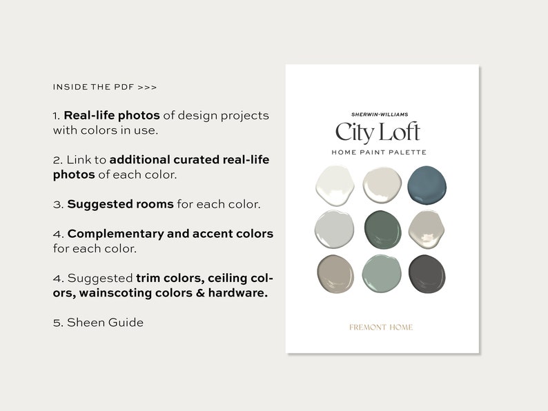 May include: A paint colour palette called "City Loft" by Sherwin-Williams. The palette features nine paint chips in shades of grey, green, and blue. The text "FREMONT HOME" is at the bottom of the card.