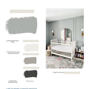 May include: A nursery room with a white crib, a gray wall with white trim, a rug with floral patterns, and a bookshelf with books and a sign that says "AR BAB".