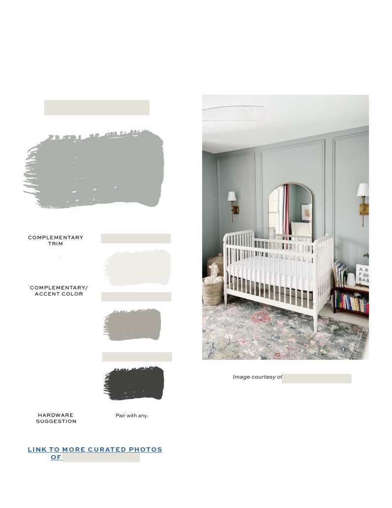 May include: A nursery room with a white crib, a gray wall with white trim, a rug with floral patterns, and a bookshelf with books and a sign that says "AR BAB".