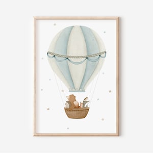Kinderbild Heißluftballon A5 A4 Bär Dachs Igel Eichhörnchen Kinderposter Waldtiere Kinderzimmer Poster Tierposter Tierbild Aquarell