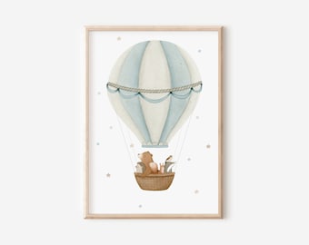 Kinderbild Heißluftballon A5 A4 Bär Dachs Igel Eichhörnchen Kinderposter Waldtiere Kinderzimmer Poster Tierposter Tierbild Aquarell