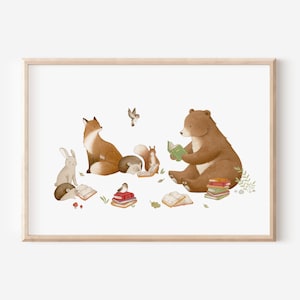 Kinderbild Waldtiere A5 A4 Kinderposter Bücher lesen Kinderzimmer Poster Tierposter Tierbild Aquarell