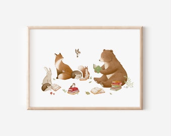 Kinderbild Waldtiere A5 A4 Kinderposter Bücher lesen Kinderzimmer Poster Tierposter Tierbild Aquarell