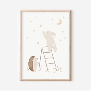 Kinderbild Hase Igel  A5 A4 A3 Kinderposter Waldtiere Kinderzimmer Mond Sterne Tierposter Tierbild Aquarell