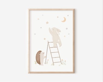 Kinderbild Hase Igel  A5 A4 A3 Kinderposter Waldtiere Kinderzimmer Mond Sterne Tierposter Tierbild Aquarell