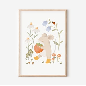 Kinderbild Maus A5 A4 A3 Kinderposter Waldtiere Erdbeere Blumen Kinderzimmer Tierposter Tierbild