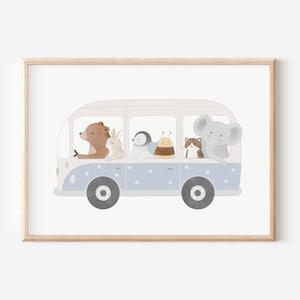 Kinderbild Bulli A5 A4 A3 Kinderposter Tierbus Auto Kinderzimmer Bus Poster Fahrzeug Tierposter Tierbild Aquarell Camper Van