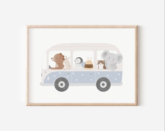 Kinderbild Bulli A5 A4 A3 Kinderposter Tierbus Auto Kinderzimmer Bus Poster Fahrzeug Tierposter Tierbild Aquarell Camper Van