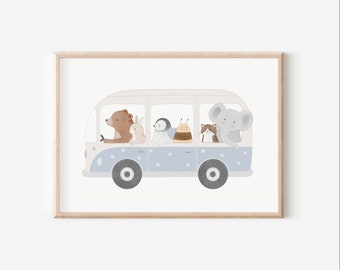 Kinderbild Bulli A4 Kinderposter Tierbus Kinderzimmer Bus Poster Fahrzeug Tierposter Tierbild Aquarell Auto Camper Van