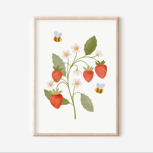 Kinderbild Erdbeere mit Bienen A5 A4 A3 Kinderposter Bienen Poster Kinderzimmer Tierposter Tierbild Aquarell