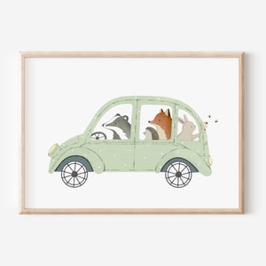 Kinderbild Auto A5 A4 Kinderposter Kinderzimmer Poster Tierposter Tierbild Aquarell