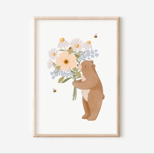 Kinderbild Bär Blumen A5 A4 A3 Kinderposter Waldtiere Bienen Kinderzimmer Tierposter Tierbild