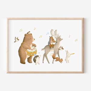 Kinderbild Waldtiere A5 A4 Kinderposter Musik Kinderzimmer Poster Tierposter Tierbild Aquarell