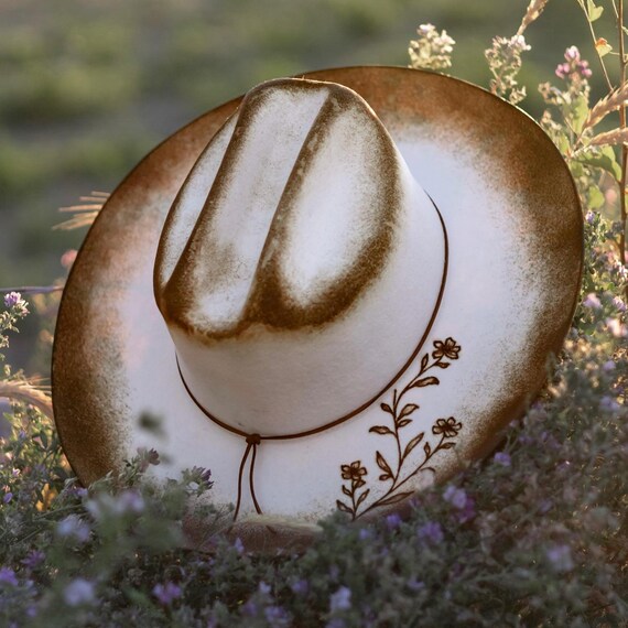Hand Burned Wool Felt Cowboy Hat: Fall Wide Brim, Florals  display picture 1
