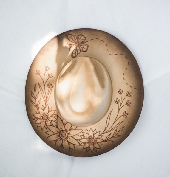 Hand Burned Fedora, Beige Ombré Wool Felt Hat, Floral 