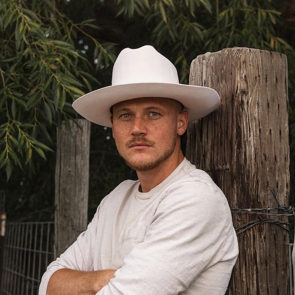 Mens Cowboy hat: Fall Wide Brim, ivory, tan ombré, custom burned designs
