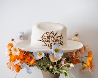Hand Burned Wide Brim Felt Hat, Mother’s Day Gift, Cattleman’s Crease, Cowboy Hat, Fedora, Handmade Gifts, Personalizable, WILD POPPIES