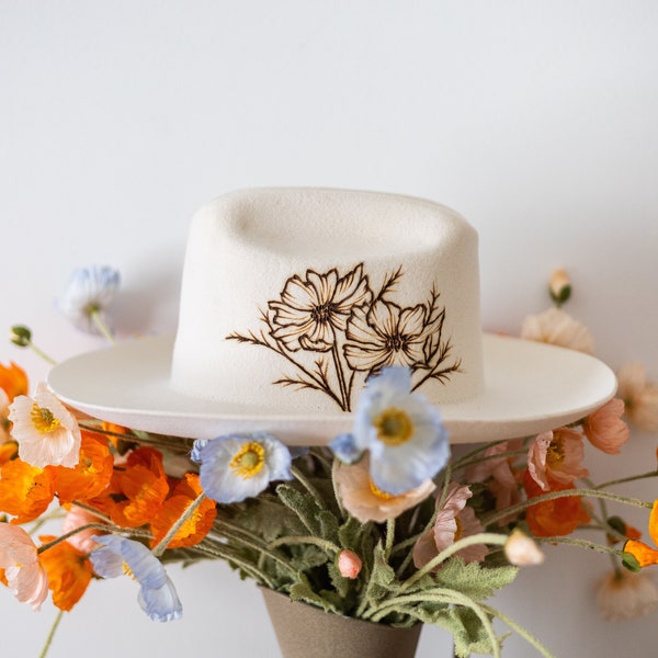 Hand Burned Wide Brim Felt Hat, Mother’s Day Gift, Cattleman’s Crease, Cowboy Hat, Fedora, Handmade Gifts, Personalizable, WILD POPPIES