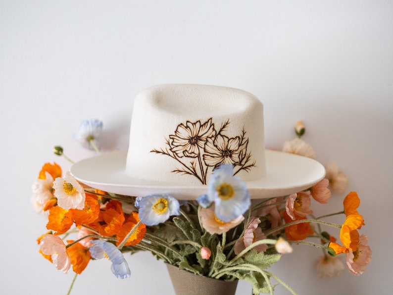 Hand Burned Wide Brim Felt Hat, Mothers Day Gift, Cattlemans Crease, Cowboy Hat, Fedora, Handmade Gifts, Personalizable, WILD POPPIES image 1