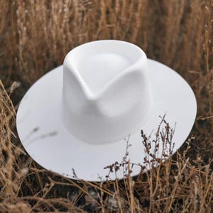 Puede incluir: Un sombrero fedora blanco de ala ancha, sentado en un lecho de hierba seca.