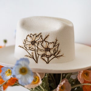 Hand Burned Wide Brim Felt Hat, Mothers Day Gift, Cattlemans Crease, Cowboy Hat, Fedora, Handmade Gifts, Personalizable, WILD POPPIES image 6