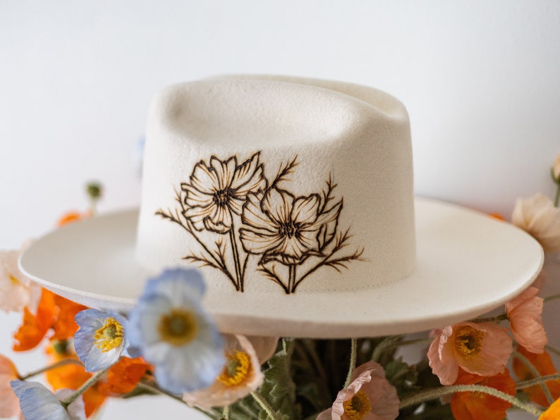 Hand Burned Wide Brim Felt Hat, Mothers Day Gift, Cattlemans Crease, Cowboy Hat, Fedora, Handmade Gifts, Personalizable, WILD POPPIES image 6