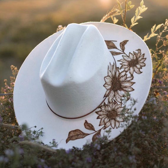 Hand Burned Wool Felt Cowboy Hat, Fall Fall Wide Brim: Ivory  display picture 1