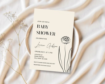 Baby Shower Invitation Template | Digital Download | Black & White | Minimal Floral Invitation | Double Sided