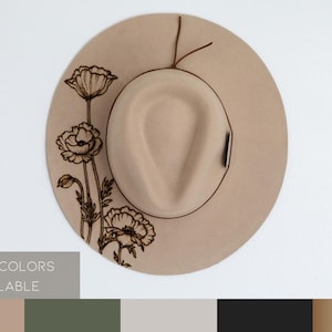 Hand Burned Wide Brim Fedora, 100% Wool Felt, Sun Protection UPF 50+, Camel Brown Summer Cowboy Hat, Poppy Floral, Handmade, Custom