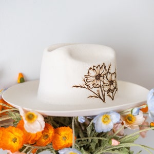 Hand Burned Wide Brim Felt Hat, Mothers Day Gift, Cattlemans Crease, Cowboy Hat, Fedora, Handmade Gifts, Personalizable, WILD POPPIES image 5