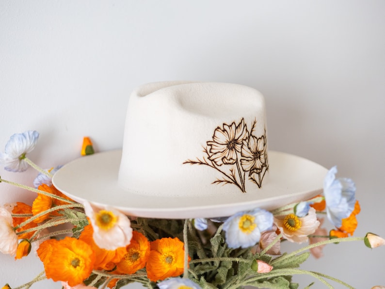 Hand Burned Wide Brim Felt Hat, Mothers Day Gift, Cattlemans Crease, Cowboy Hat, Fedora, Handmade Gifts, Personalizable, WILD POPPIES image 5