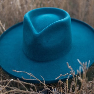 Teal Peacock Blue Wide Brim Fedora, Rancher Hat, 100% Wool Felt, Sun Protection UPF 50+, Summer Cowboy Hat, Customizale and Personalizable