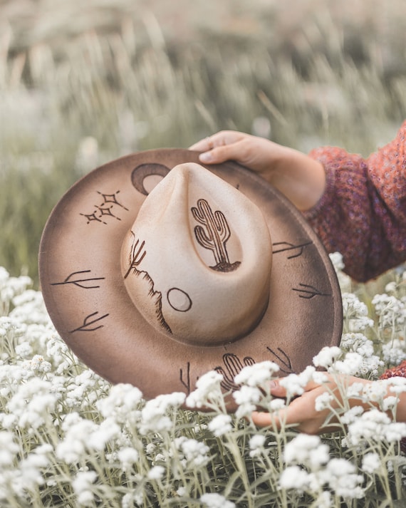 Hand Burned Wool Fedora, Fall Fall Wide Brim: Beige Ombré  display picture 1