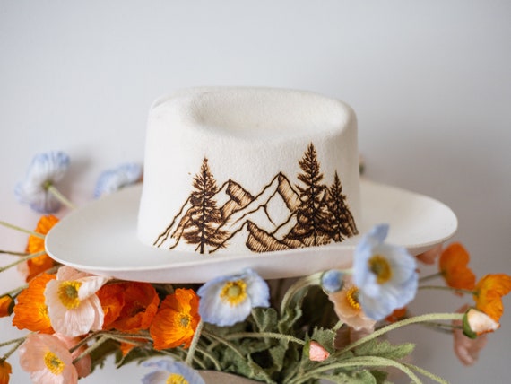 Hand Burned Cream 100% Wool Floppy Brim Fedora Hat - Size Is Adjustable Hand Burned Wool Fedora, Beige Ombré Cowboy Hat, Desert  main image 3