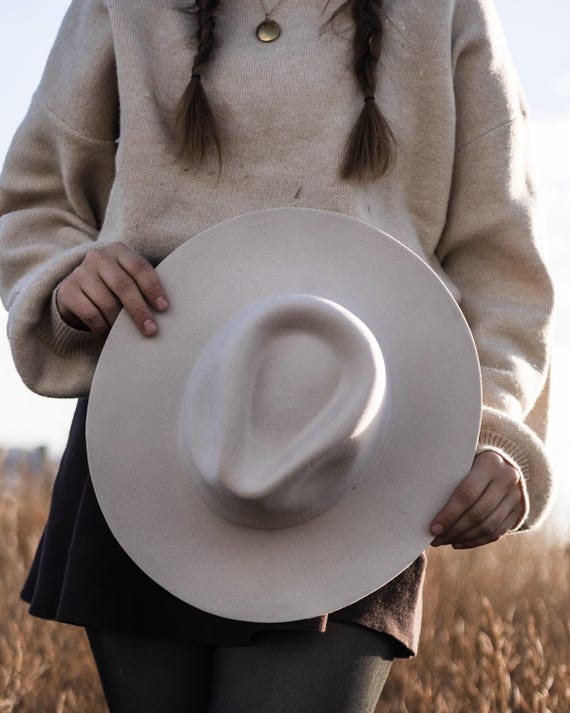 Bone White Wool Felt Fedora: Fall Wide Brim, Bride, Cowboy Hat, Custom Burning