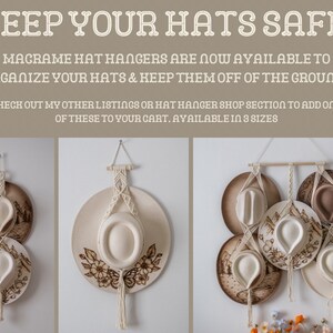 Op de afbeelding: Macram&eacute; hoedhangers in drie verschillende maten, elk met een houten pin en meerdere lussen om hoeden op te hangen. De hangers worden getoond met hoeden die eraan hangen, met een verscheidenheid aan ontwerpen en kleuren. De tekst "KEEP YOUR HATS SAFE!" staat bovenaan de afbeelding.