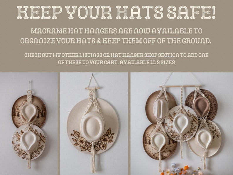 Op de afbeelding: Macram&eacute; hoedhangers in drie verschillende maten, elk met een houten pin en meerdere lussen om hoeden op te hangen. De hangers worden getoond met hoeden die eraan hangen, met een verscheidenheid aan ontwerpen en kleuren. De tekst "KEEP YOUR HATS SAFE!" staat bovenaan de afbeelding.