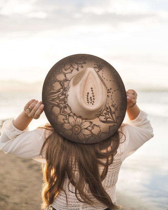 Wool hand burn hat Hand Burned 100% Wool Rachel Zoe Hat w Moon and Sun Leather  main image 4