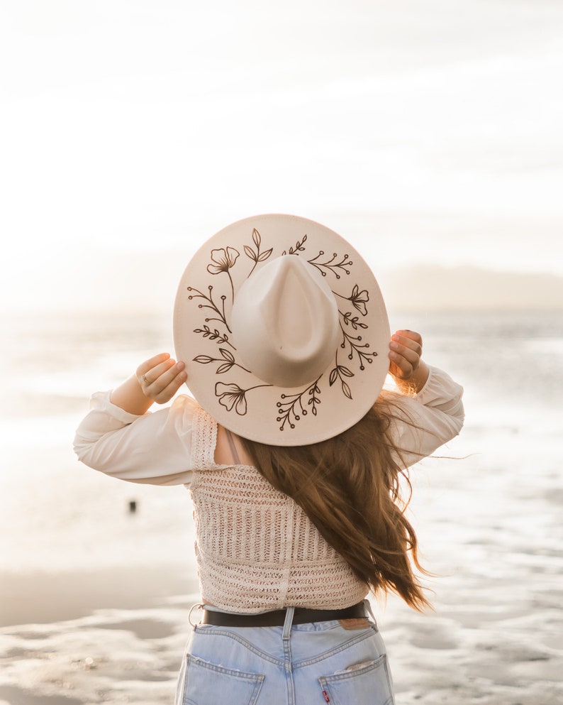 Wide Brim Hat, Burned Fedora, Mothers Day Gift Rancher Hat, Cowboy Hat, Summer Accessories, Handmade Unique Gifts, FLORAL WREATH image 1