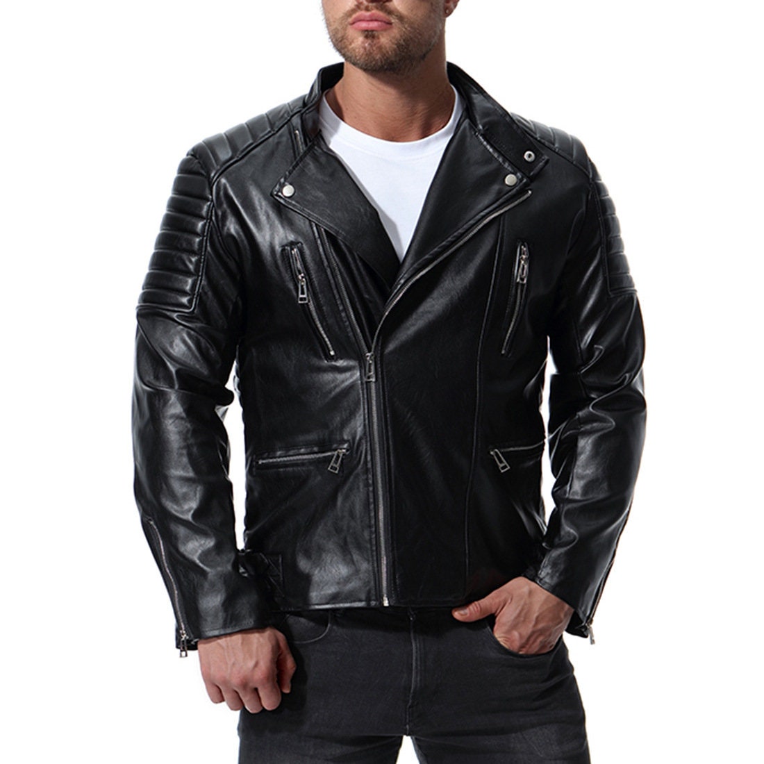 Men Biker Jacket Locomotive Lapel 